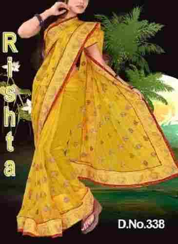 Yellow Skin Friendly Embroidery Work Ladies Wedding Wear Synthetic Fancy Saree