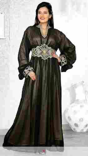 Black Party Wear Ladies V-Neck Full Sleeves Plain Georgette Farasha/Jalabiya With Hand Embroidery