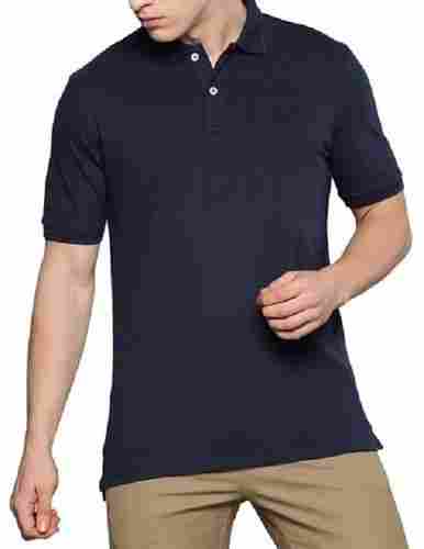 Denim Blue Regular Fit Mens Polo-Neck Half Sleeves Plain Cotton Casual T-Shirts