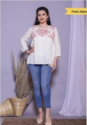 Off White Designer Ladies 3/4 Sleeve Rayon 140 Gsm Embroidered Peplum Style Western Top