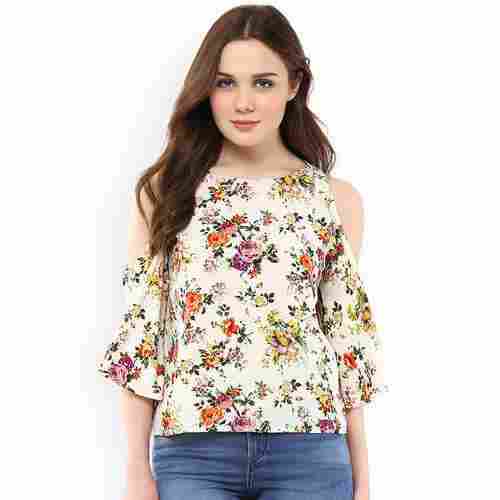 Casual Wear Regular Fit Ladies Round-Neck With Cold Shoulder Floral Print Cotton Top