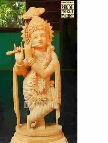 Hand Crafted Beautiful Designed Wooden Statue Of Lord Krishna In Cream Colour