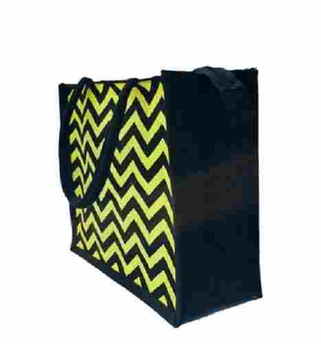 Jute Bag With Yellow Zig Zag Printed For Shopping Bag, Office lunch Bag, Grocery Shopping Bag, Carry Bag