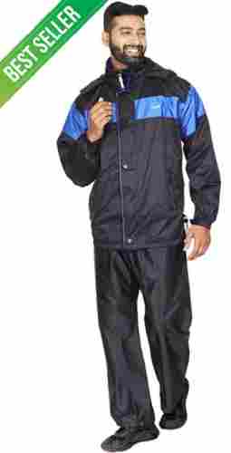 Polyester Fabric Full Sleeve Mens Raincoat With Button Closure, Reflective Strips And Adjustable Hood