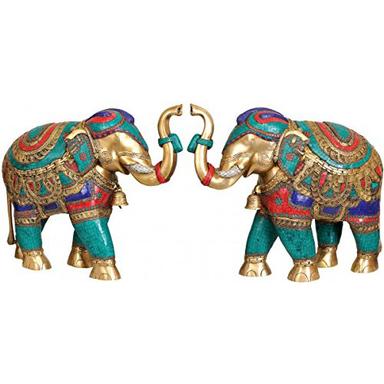 Mix Turquoise Stone Work Elephant Pair For Home Decor- Brass Metal Statue