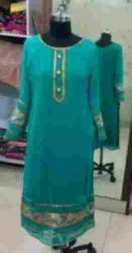 Turquoise Color Casual Ladies Round-Neckline Full Sleeves Plain Georgette Long Kurti With Gold Border