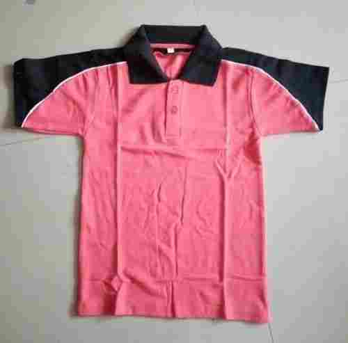 Pink And Black Casual Wear Boys Polo-Neckline Half Sleeves Plain Cotton T-Shirts