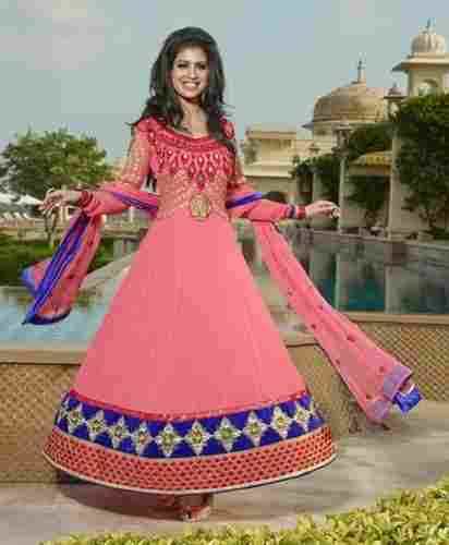 Ladies Brick Pink Round-Neck Full Sleeves Embroidered Anarkali Suit