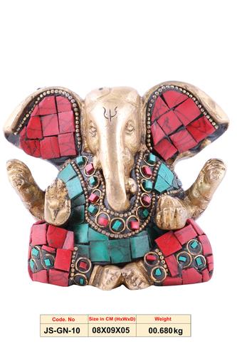Easy To Clean Js-Gn-010 Four Armed Blessing Ganesha Brass Statue With Large Ears, Stone Work And Handmade