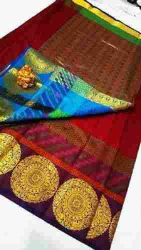 Skin Friendly Brown And Blue Color Ladies Saree For Bridal Wear, Festival Wear