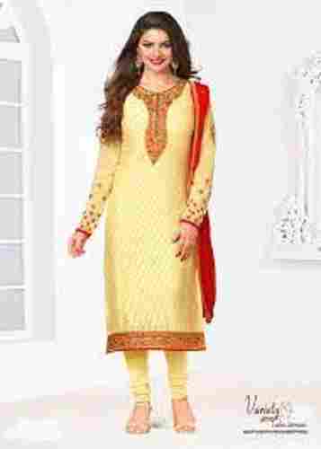Full Sleeves Yellow Color Cotton Suit With Ethnic Pattern For Women