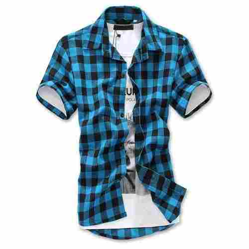Blue Color Cotton Batik Printed Short Sleeves Stylish Check Casual Shirt For Mens