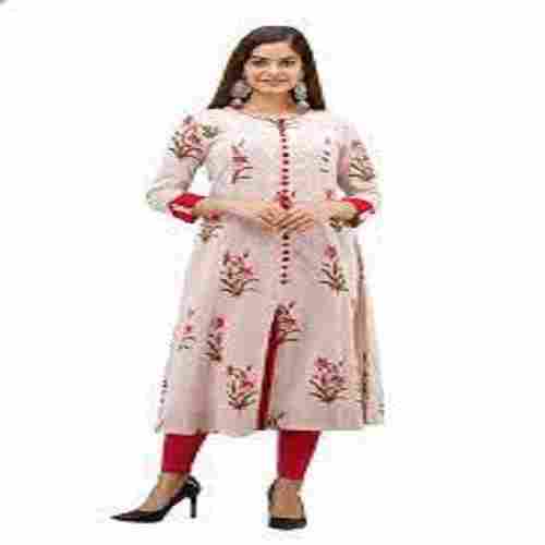 Pink And White Kurti For Ladies(3/4th Sleeves And Printed Design)