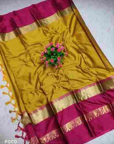 Yellow Color Plain Cotton Silk Thread Work Designer Saree With Red Border For Party Wear