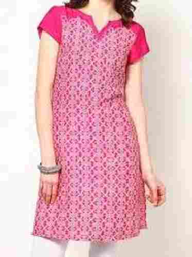 Ladies Pink Regular Fit Cap Sleeves V-Neck Printed Polyester Kurti