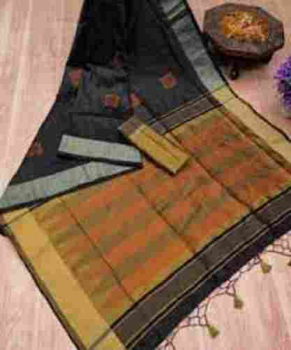Beautiful Black Silk Saree With Silver Thin Line Border And Brown And Golden Colour Pallu