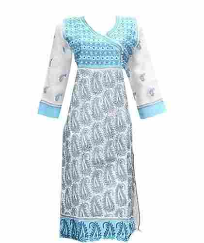 Ladies Cotton Kurti White Colour With Blue Color Designs And 3/4th Sleeves
