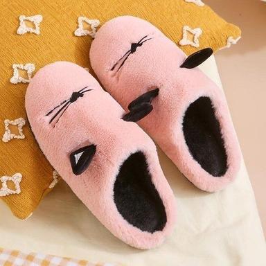 Fabric Light Weight And Ultra Comfortable Pink Color Fancy Cute Cat Plush Slippers