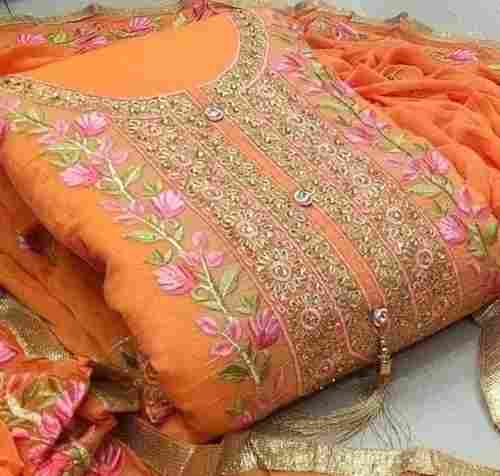Orange and Golden Color Pure Cotton Ladies Salwar Suits for Casual Wear