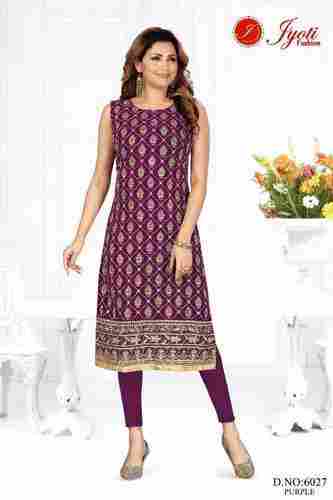 Appealing Look Comfortable To Wear Ladies Sleeveless Printed Purple Cotton Kurti