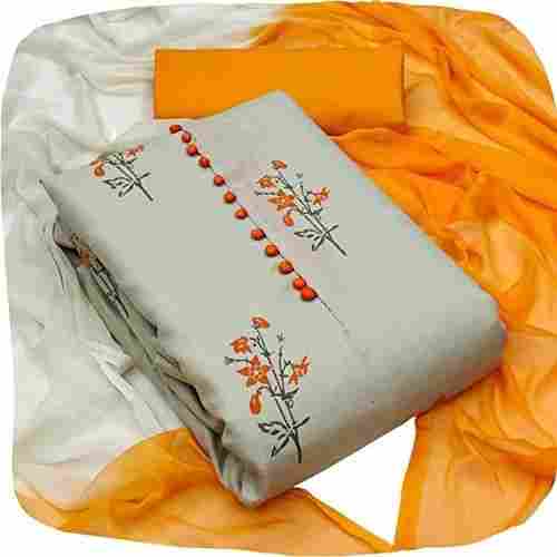  Cotton Slub Printed Unstitched Grey And Orange Salwar Suit Dress For Ladies