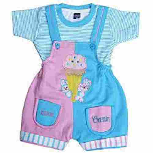 Sky Blue And Pink Color Kids Dungaree Dress With Closure Button Round Neck Style