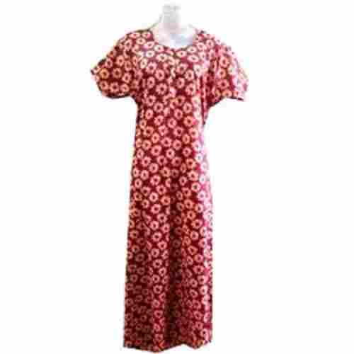 Pink And Red Colour Printed Ladies Cotton Nighty With Short Sleeves