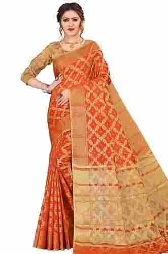 Casual Wear Orange And Golden Ladies Saree With Unstitched Blouse Piece Set
