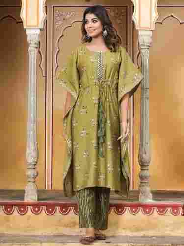 Ladies Short Extended Sleeves Green Chanderi Cotton Printed Kaftan With Pants