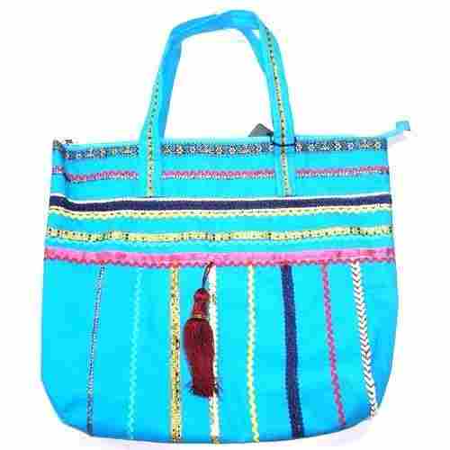 Latest Design Sky Blue Color Embroidered Pure Cotton Ladies Hand Bags