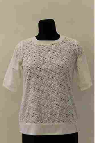 Round Neck Woven Ladies White Top With Short Sleeve For Casual Wear