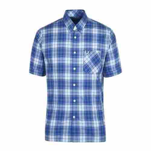 Blue And White Mens Checkered Casual Regular Fit Half Sleeves Cotton Shirt