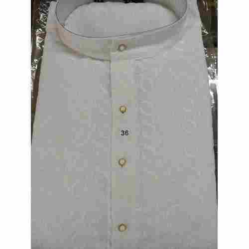 Mens Cotton Designer Long Kurta White Color With Full Sleeves And Round Collar Neck