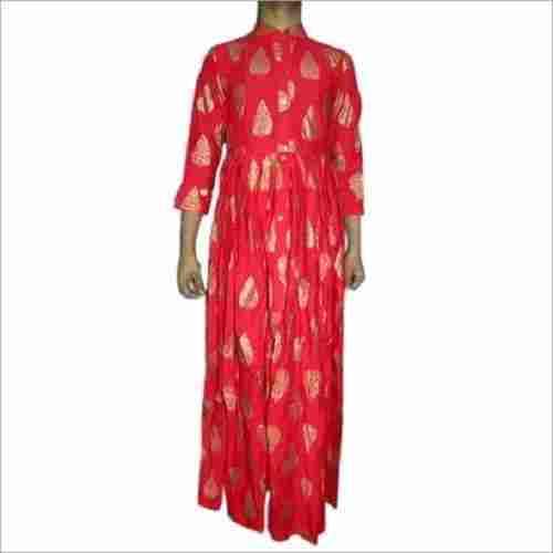 Pure Cotton Silk Block Print Rayon Fabric Red Color Ladies Kurta For Regular Wear