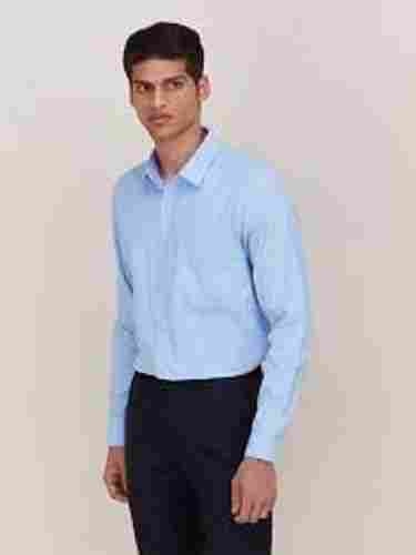 Tear Resistance 100% Cotton Casual Full Sleeves Sky Blue Formal Shirts For Men