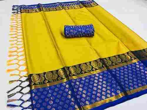 Yellow And Dark Blue Colour Pure Cotton Silk Saree For Party And Casual Wear