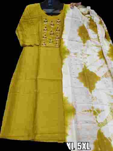 Ladies Embroidered White Yellow Cotton Full Sleeves Kurta Pjama Dupatta Set