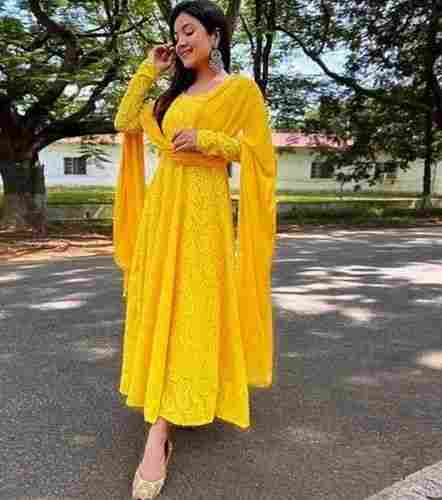  Yellow Color Plain Pattern Full Sleeves Round Neck Frock Suit For Ladies