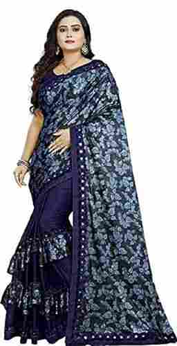 Blue Color Printed Pattern Designer Silk Ruffle Ladies Saree For Party Wear