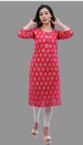 Breathable And Comfortable Pink Color Women Printed Rayon Straight Kurta