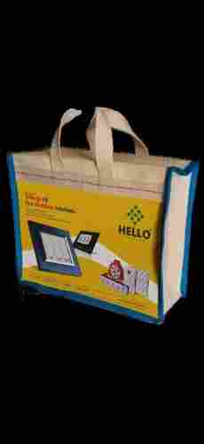 Printed Creme And Yellow Zipper Top Jute Shopping Bag With Loop Handle