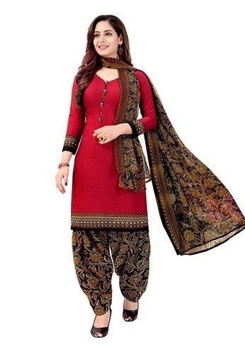 Indian Red Color Pure Cotton Silk Fabric Designer Ladies Salwar Suit With Dupatta For Casual Wear