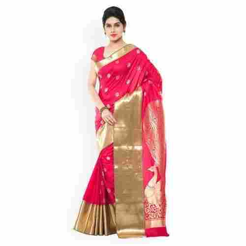 Red Color Cotton Silk Saree With Golden Border And Unstitched Blouse Piece