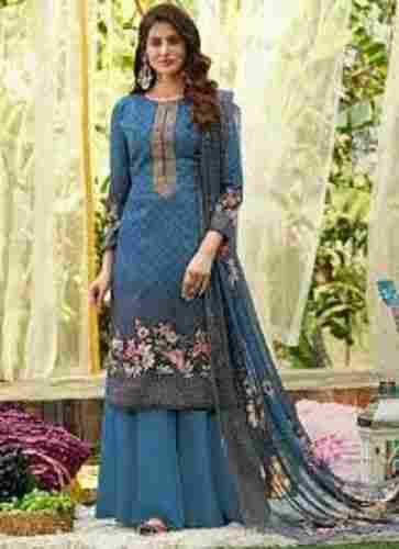 Blue Color Fancy Printed Pattern Cotton Fabric Silk Palazzo Suits For Casual Wear