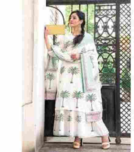White Color Printed Pattern 3-4th Sleeves Style Designer Palazzo Suit For Ladies