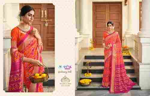 Resistance Against Shrinkage Ladies Orange Pink Traditional Gulmarg Printed Silk Sarees With Blouse