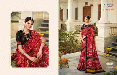 Stunning Ladies Black And Red Traditional Gulmarg Silk Sarees With Blouse
