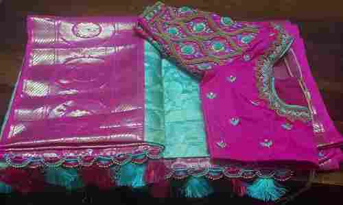 Bridal Kanchipuram Silk Green Colour Saree With Pink Colour Border