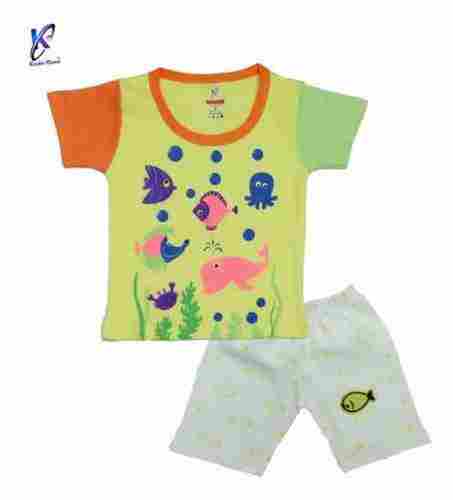 Cotton Printed Short Sleeve Round Neck Baby Suit With Short In Multicolour