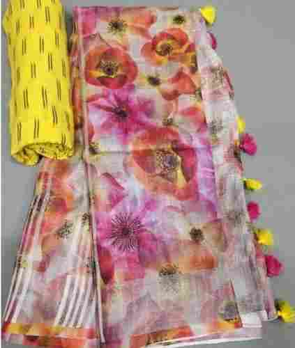 Peach Colour Flower Print Original Linen Digital Printed Saree With Yellow Colour Blouse Piece